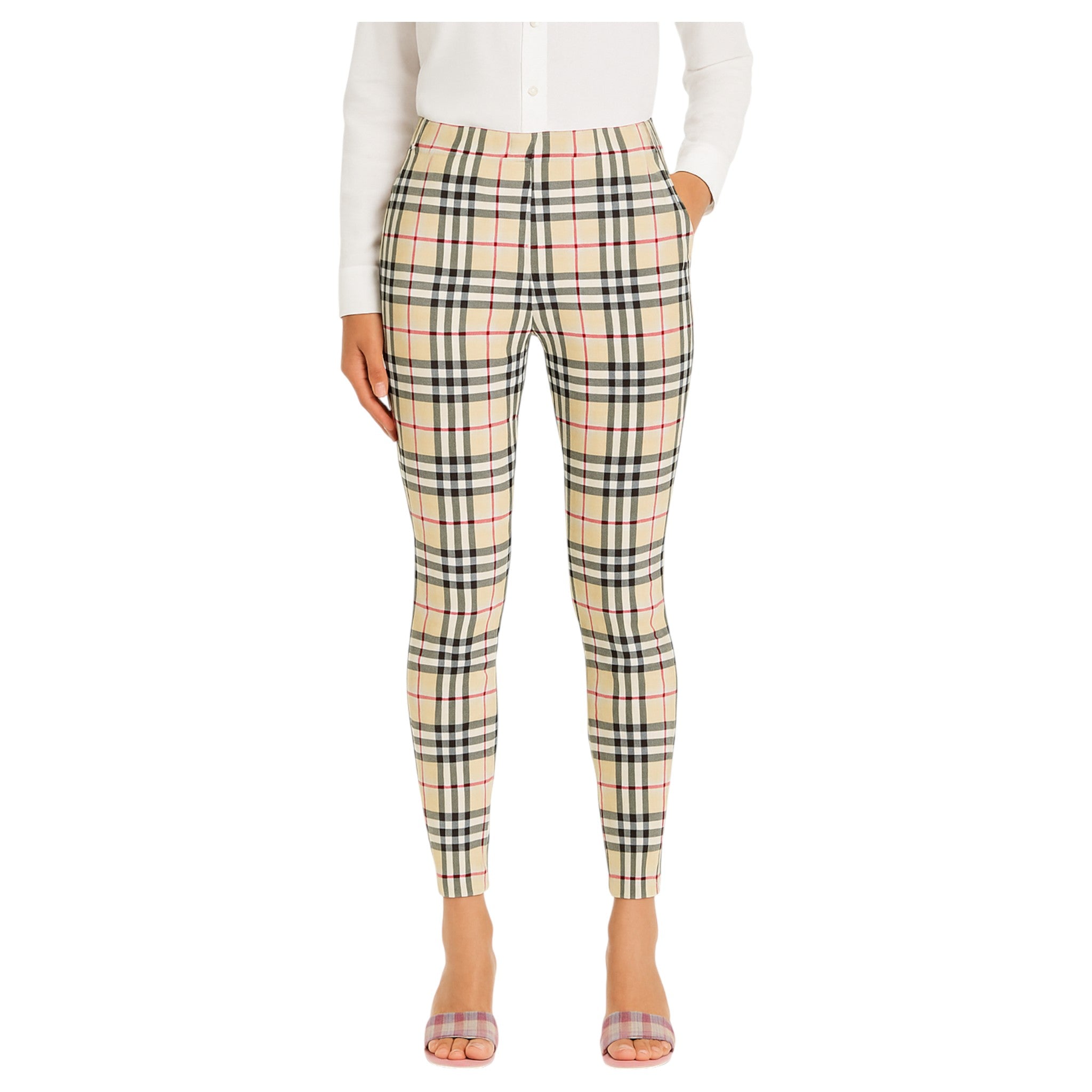 Womens beige check jeggings – Ladies soft touch stretchy slim fit high waist legging trousers